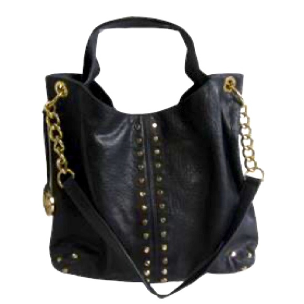 Michael Kors Uptown Astor Black Tortuga Leather Gold Studded Tote